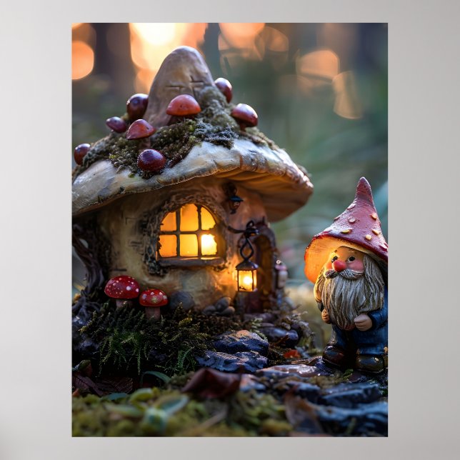 Póster Gnome y una casa de hongos, diseño de fantasía (Frente)