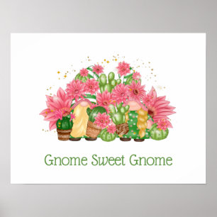 Póster Gnomes floral verde rosa Gnome Sweet Gnome