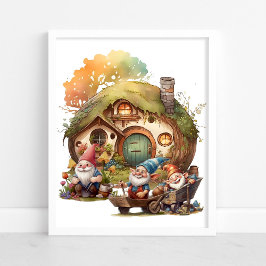 Póster Gnomo Bonito, Setas Y Casa Feliz