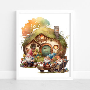 Póster Gnomo Bonito, Setas Y Casa Feliz