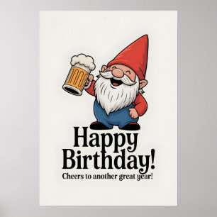 Póster Gnomo de "Feliz Cumpleaños" levantando una Cerveza