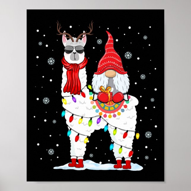 Póster Gnomos de Santa Cabalgando Llama Reno Luz de Navid (Frente)