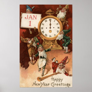 Póster Gnomos que van de fiesta alrededor de un reloj