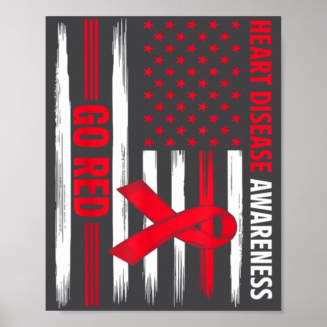 Póster Go Red Heart Disease American Flag Heart Disease A (Frente)