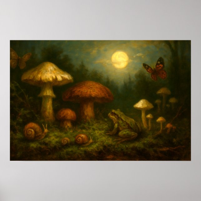 Póster Goblincore Mushrooms, Snails & Frog In Moonlight (Frente)