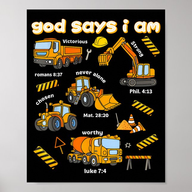 Póster God Says I Am Christian Bible Verses Boys Construc (Frente)