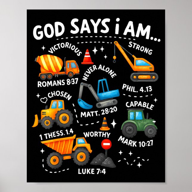Póster God Says I Am Christian Bible Verses Boys Construc (Frente)