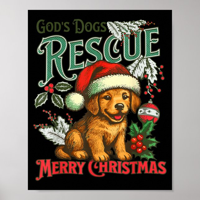 Póster God's Dogs Rescue Christmas Santa Golden Retriever (Frente)