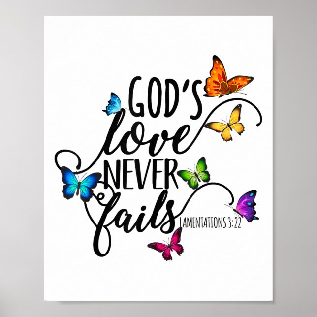 Póster God's Love Never Fails - Butterfly Art - Religious (Frente)