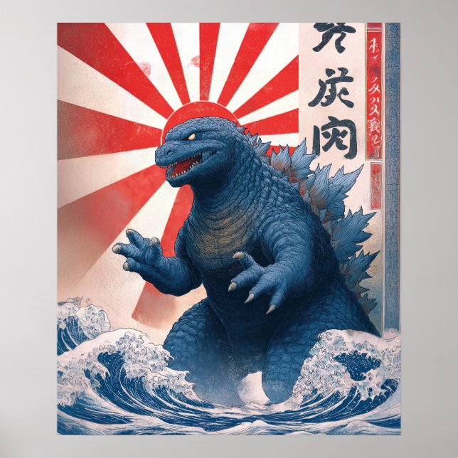 Póster Godzilla Blue Asian Monster Lizard Bold Retro Fun (Frente)