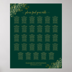 Póster Gold 29 Table Wedding Seating Chart Emerald Green