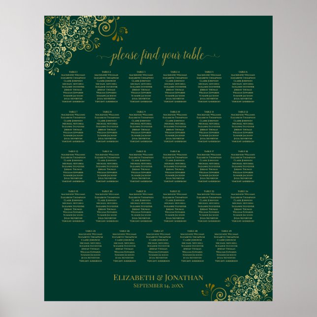 Póster Gold 29 Table Wedding Seating Chart Emerald Green (Frente)