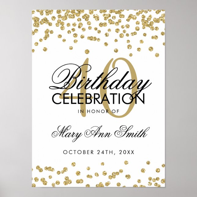Póster Gold 40th Birthday Glitter Confetti White (Frente)