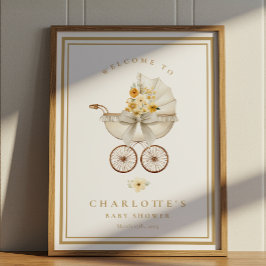 Póster Gold Baby Shower Welcome Poster | Vintage Pram
