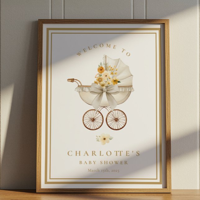 Póster Gold Baby Shower Welcome Poster | Vintage Pram (Welcome Sign - frame not included)
