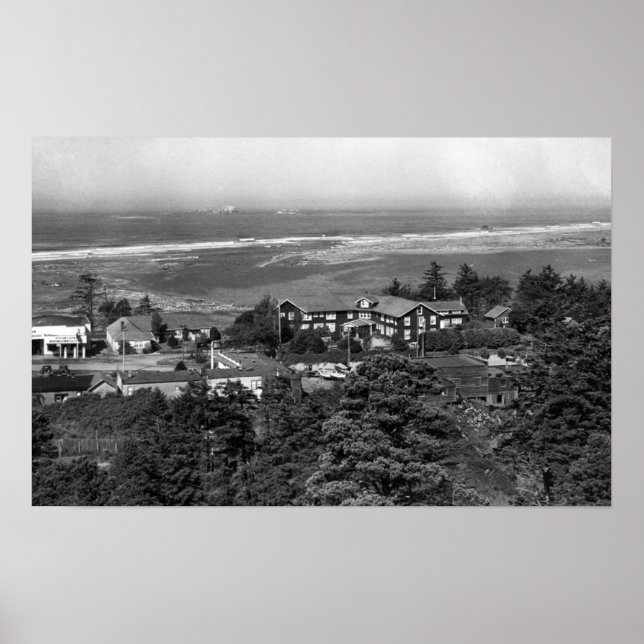 Póster Gold Beach, Oregon Town View y Sunset Inn (Frente)