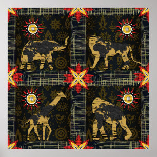 Póster Gold Blue Red Safari World Map African Animals