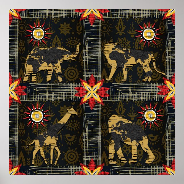 Póster Gold Blue Red Safari World Map African Animals (Frente)