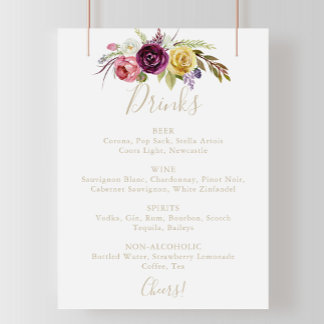 Póster Gold Boho Tropical Floral Wedding Drinks Menu Sign