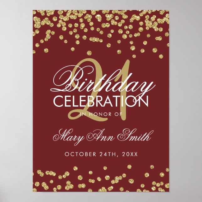 Póster Gold Burgundy Glitter Confetti 21st Birthday (Frente)