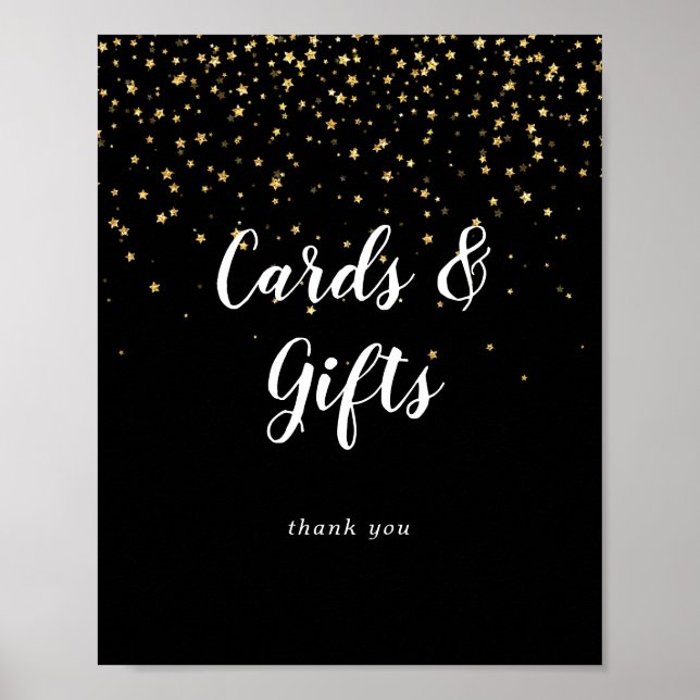 Póster Gold Confetti | Black Wedding Cards and Gifts Sign (Frente)