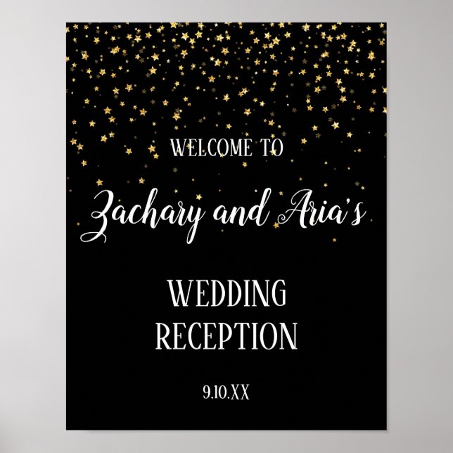 Póster Gold Confetti Calligraphy|Black Reception Welcome (Frente)