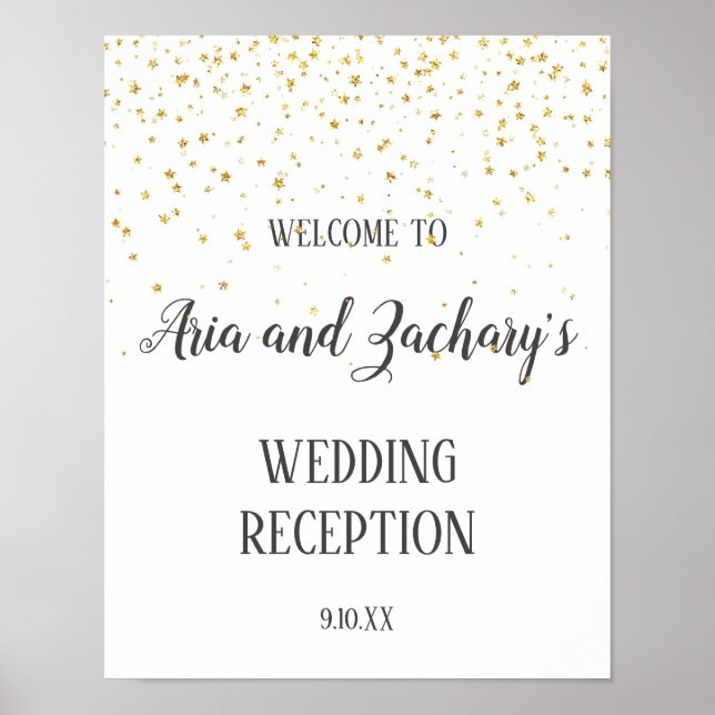 Póster Gold Confetti Calligraphy Reception Welcome Sign (Frente)