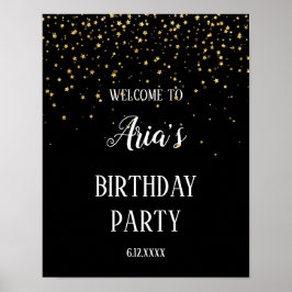 Póster Gold Confetti on Black Birthday Party Welcome