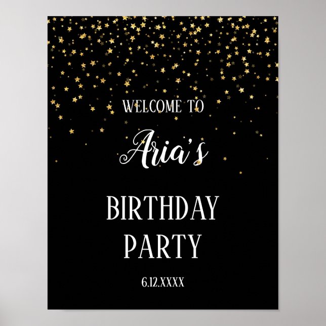 Póster Gold Confetti on Black Birthday Party Welcome (Frente)
