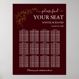 Póster Gold Deep Burgundy 12 Table Seating Chart Wedding