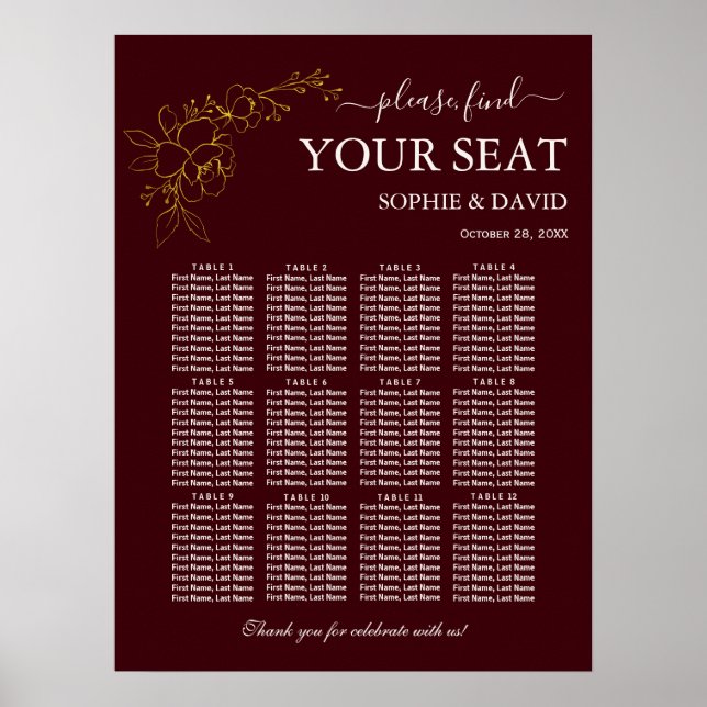 Póster Gold Deep Burgundy 12 Table Seating Chart Wedding (Frente)