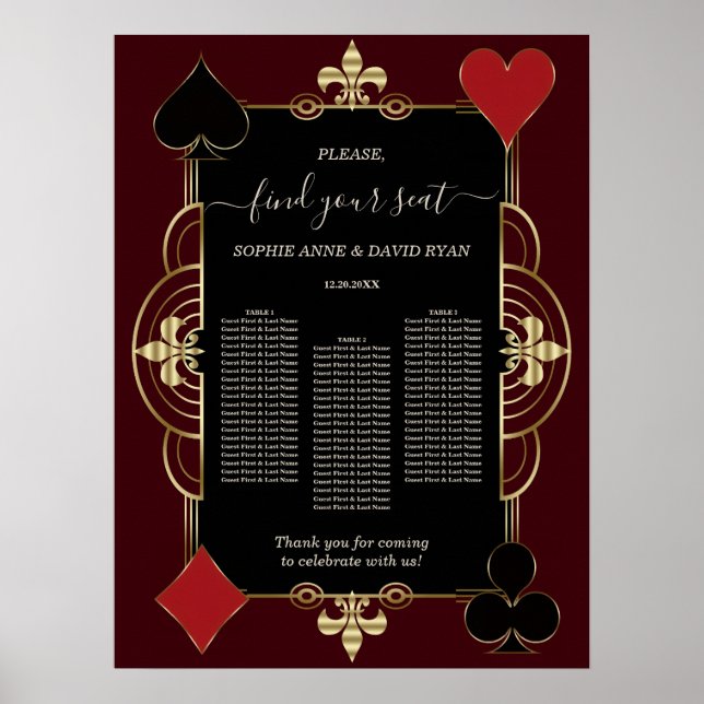 Póster Gold Deep Burgundy Casino Wedding Seating Chart  (Frente)