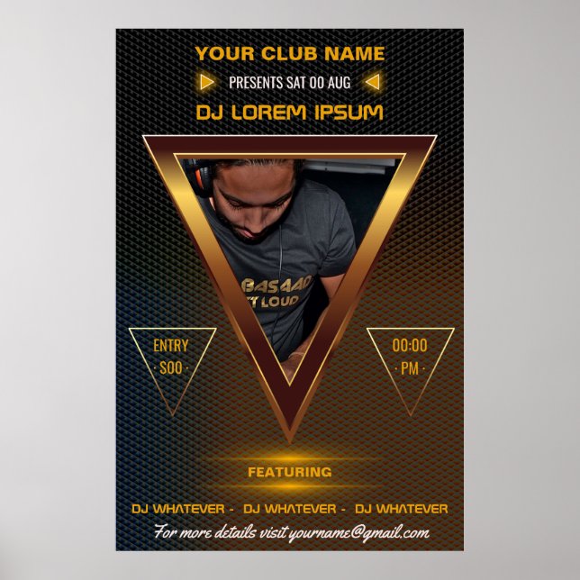 Póster Gold DJ Music and Dance Gig agrega foto y logo (Frente)