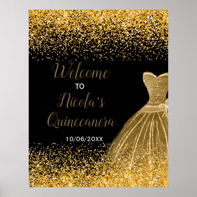 Póster Gold Dress Faux Glitter Quinceanera Welcome (Frente)