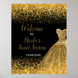 Póster Gold Dress Faux Glitter Sweet 16 Welcome