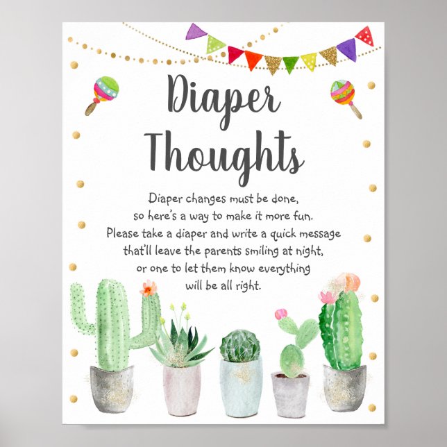 Póster Gold Fiesta Cactus Diaper Thoughts Baby Shower (Frente)