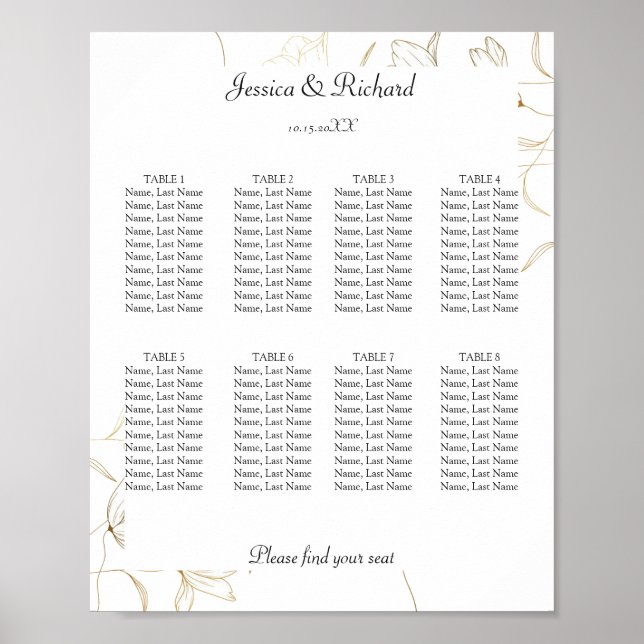 Póster Gold Flower 8 Tables Seating Chart Poster Sign (Frente)