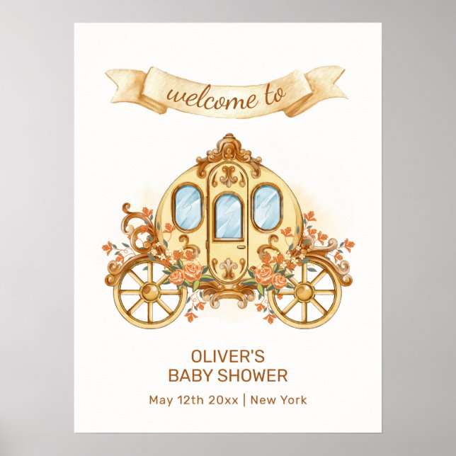 Póster Gold Flower Prince Carriage Baby Shower Welcome (Frente)