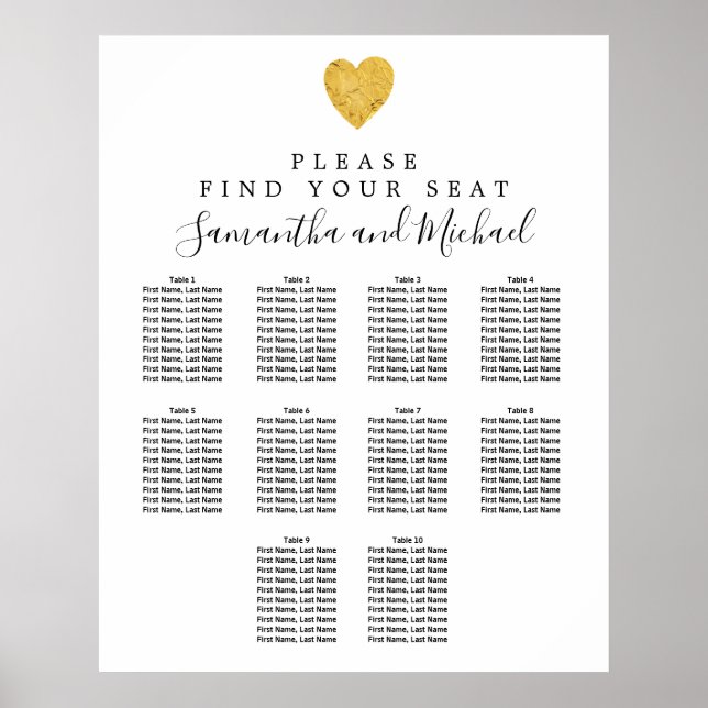 Póster Gold Foil Heart 10-Table Wedding Seating Chart (Frente)