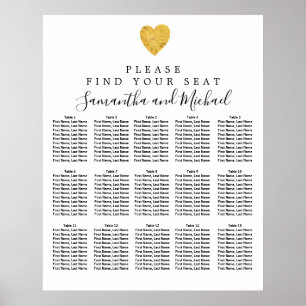 Póster Gold Foil Heart 15-Table Wedding Seating Chart