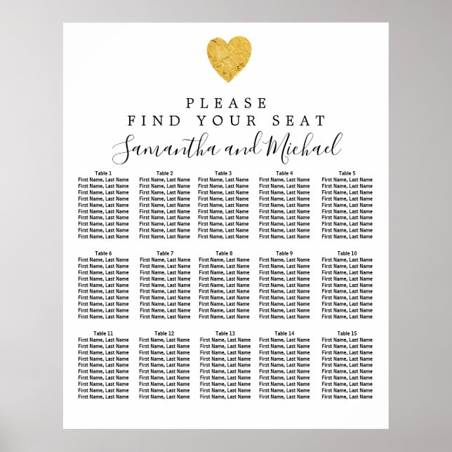 Póster Gold Foil Heart 15-Table Wedding Seating Chart (Frente)