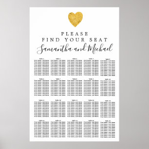 Póster Gold foil Heart 20-Table Wedding Seating Chart