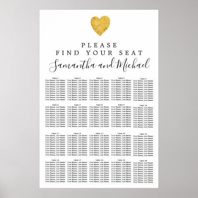 Póster Gold foil Heart 20-Table Wedding Seating Chart (Frente)