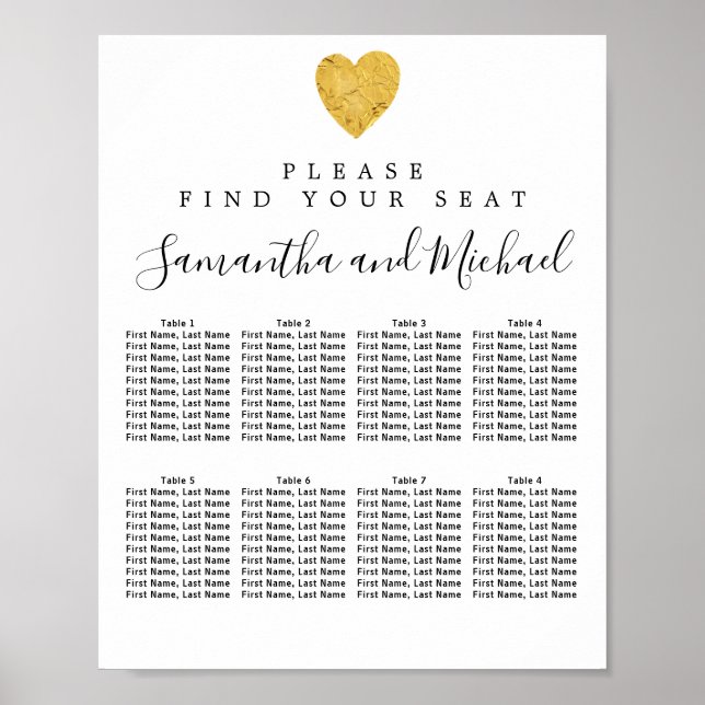 Póster Gold foil Heart 8-Table Wedding Seating Chart (Frente)