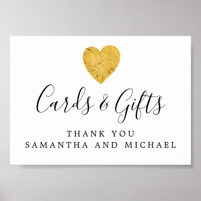 Póster Gold Foil Heart Wedding Cards and Gifts Sign (Frente)