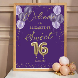 Póster Gold Foil Sweet 16 Balloons Purple Welcome Sign 