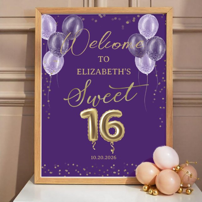 Póster Gold Foil Sweet 16 Balloons Purple Welcome Sign  (Subido por el creador)