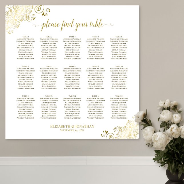 Póster Gold Frills 15 Table Wedding Seating Chart White (In Situ on Wall)