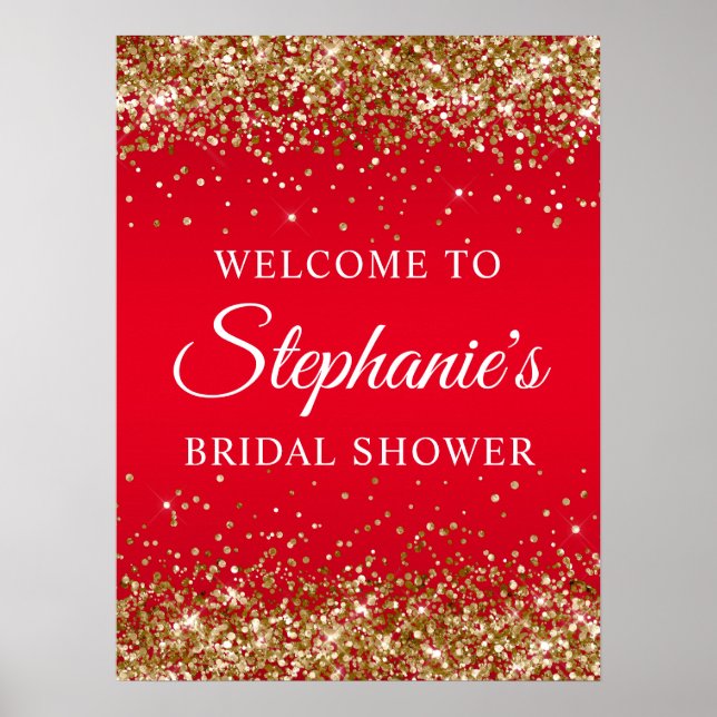 Póster Gold Glitter Red Bridal Shower Welcome (Frente)