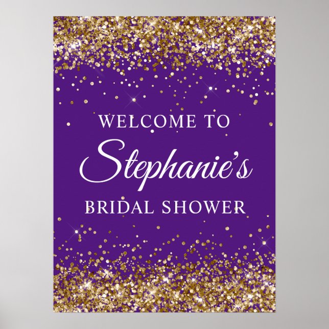 Póster Gold Glitter Royal Purple Bridal Shower Welcome (Frente)